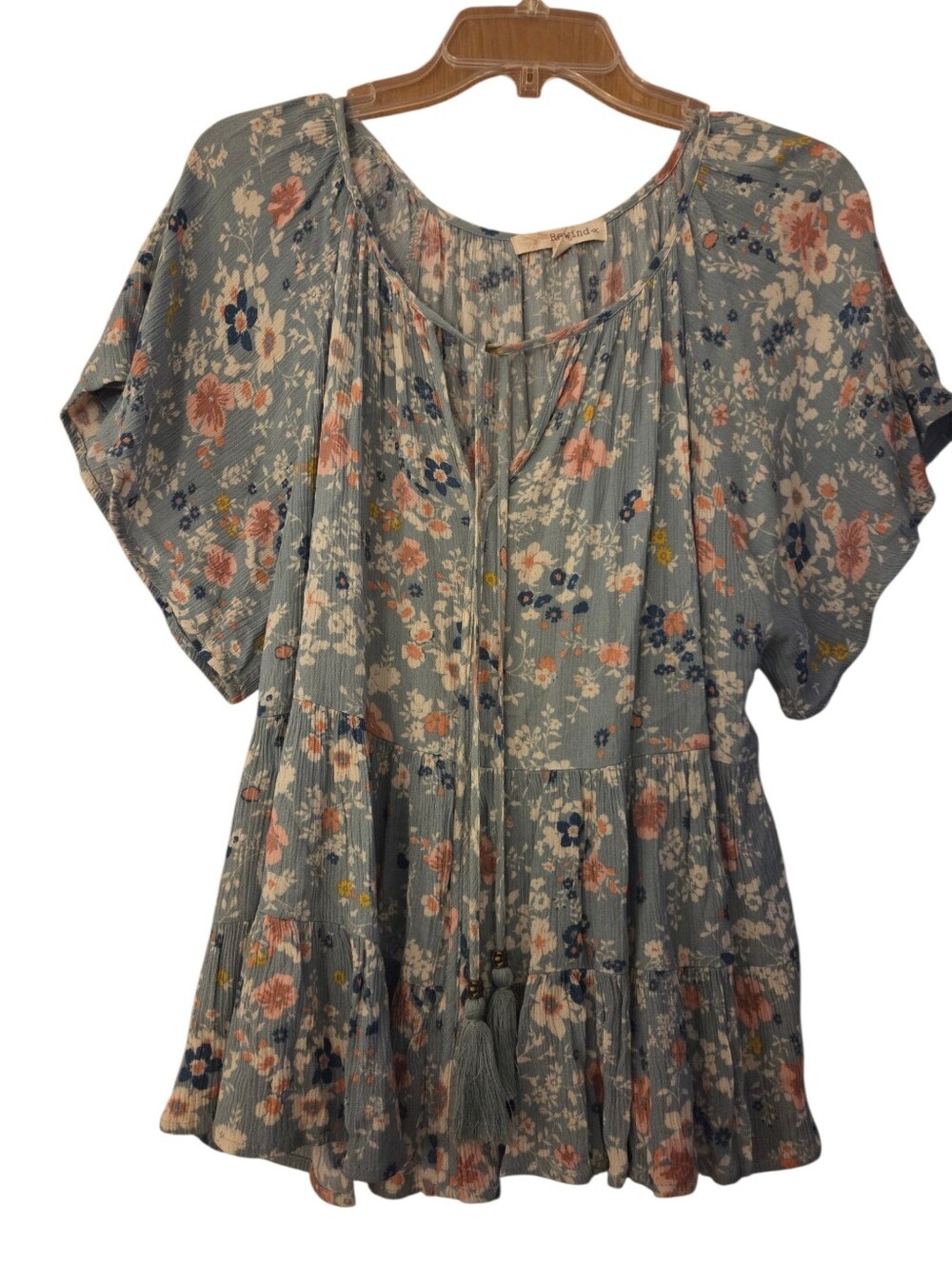 Rewind Slate Blue Floral Boho Y2K Top Flutter Sleeves Tassels Size Large